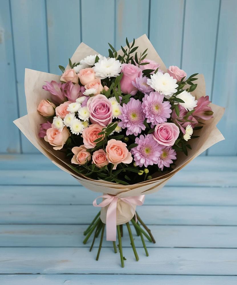 Букет цветов из: Хризантемы, Розы и Альстромерии в Нижний Бестях