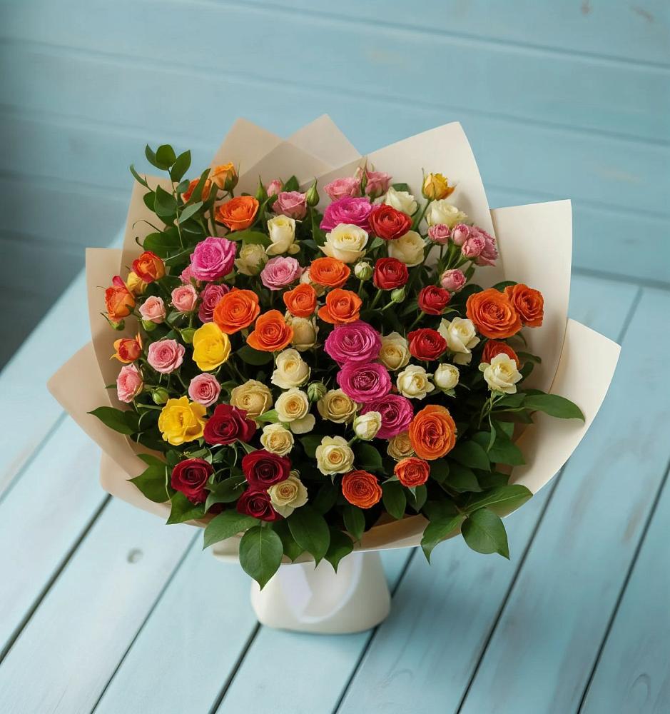 Букет Микс из разноцветных кустовых роз в Нижний Бестях