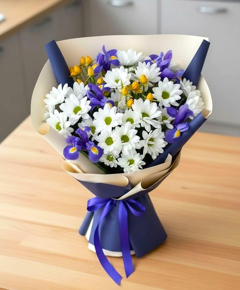 Букет цветов из: Розы, Ирисы и Хризантемы в Нижний Бестях