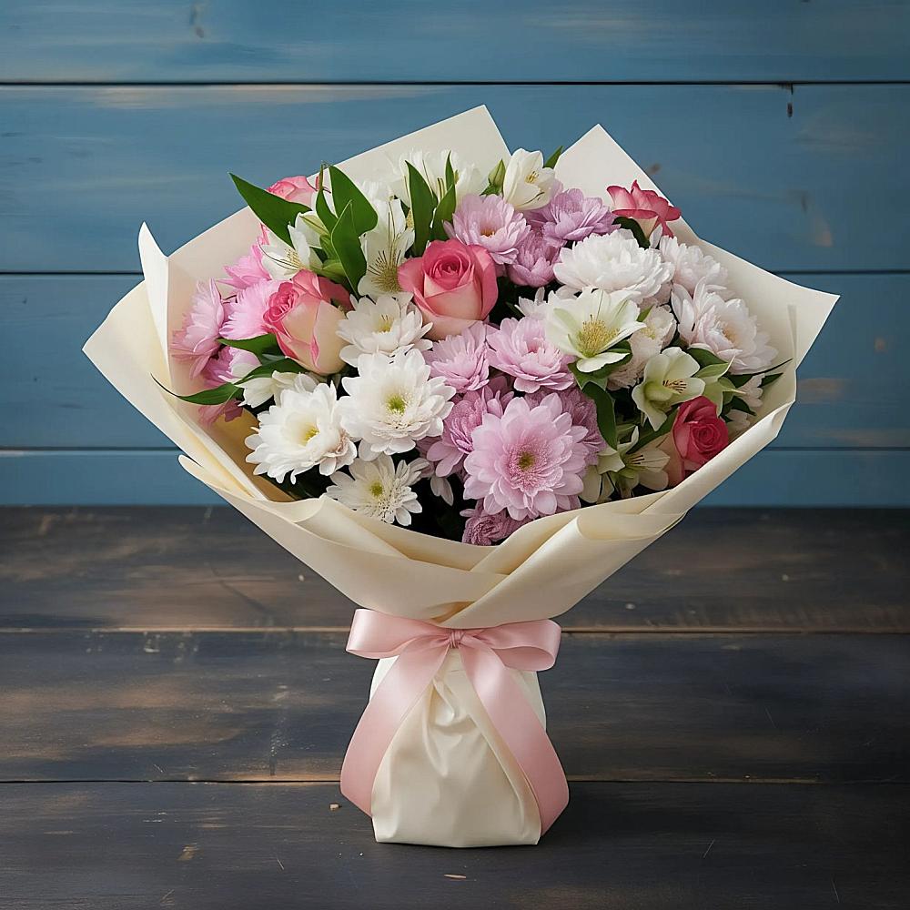 Букет цветов из: Хризантемы, Альстромерии и Розы в Нижний Бестях